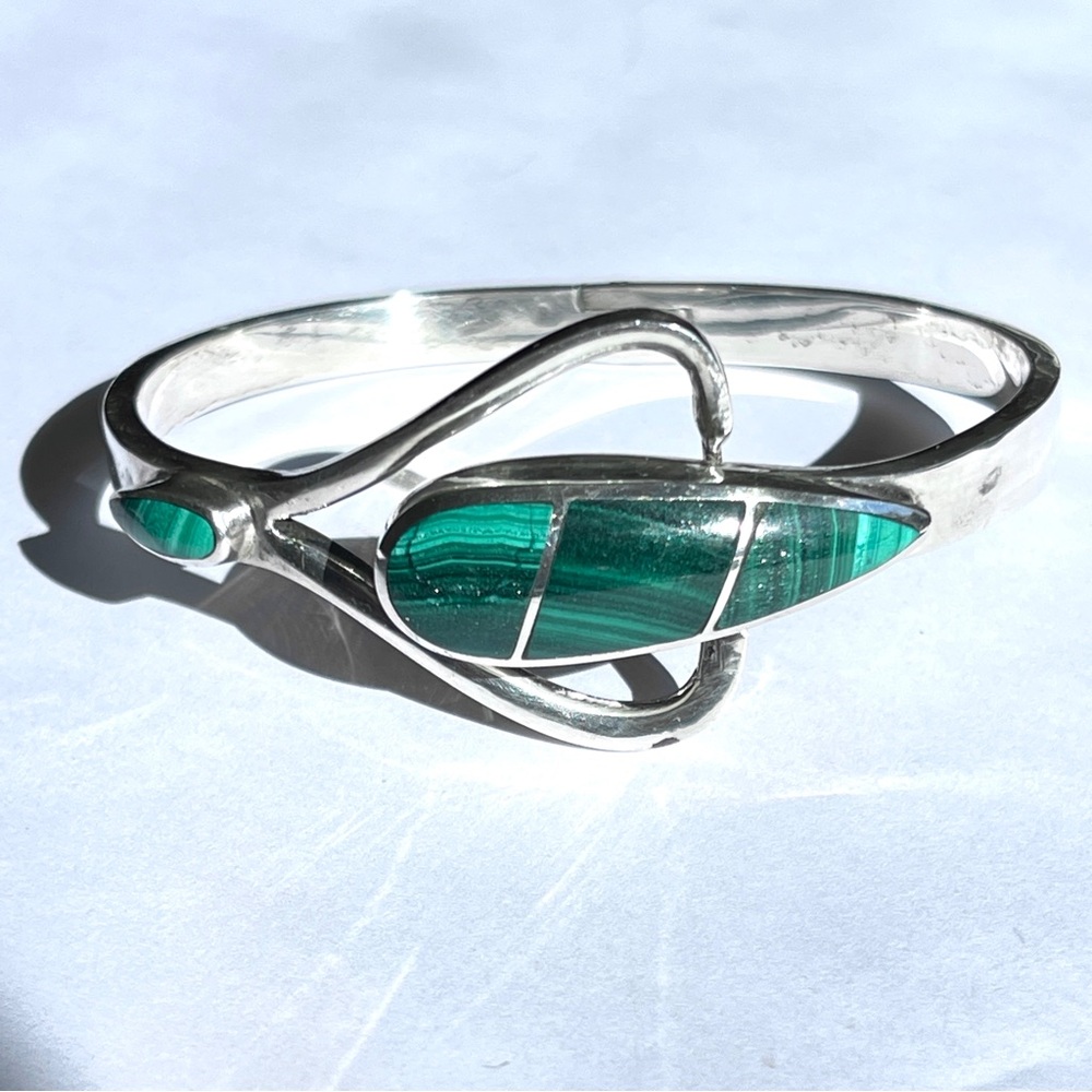 Vintage Taxco Green Malachite Unique Hinged Bracelet 925